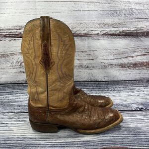 Lucchese Cliff Full Quill Ostrich Brown Leather Square Toe Western Boots, Mens 9